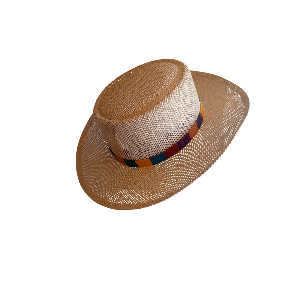 Aureus Boater Hat Tan Straw Telescope Crown Multi-Color Band Made in USA Large